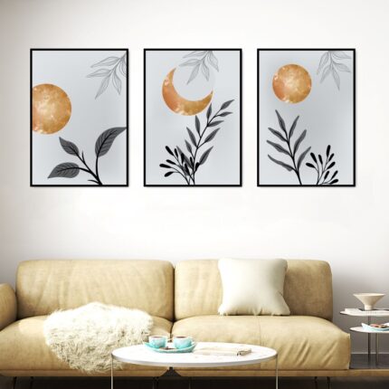 Minimalist Botanical with Golden Moon Rolled Canvas Print - Set of 3 (1.4'x2' ft. each)