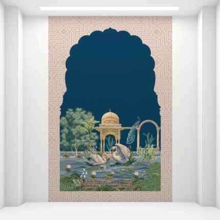 Serene Swan Pond and Pavilion UV Digital Printed Self-Adhesive Wallpaper - Elegant Nature Scene