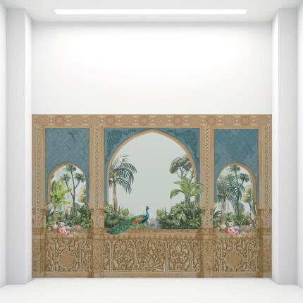 Ornate Peacock and Cockatoos Garden UV Digital Printed Self-Adhesive Wallpaper - Elegant Arched Design